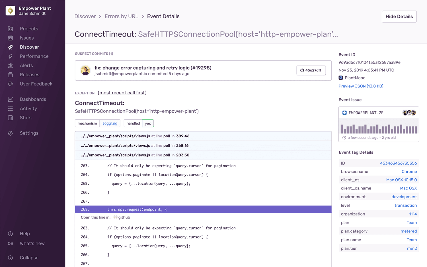 Event detail page displaying a graph with spikes, the event details, and different metrics for tags.