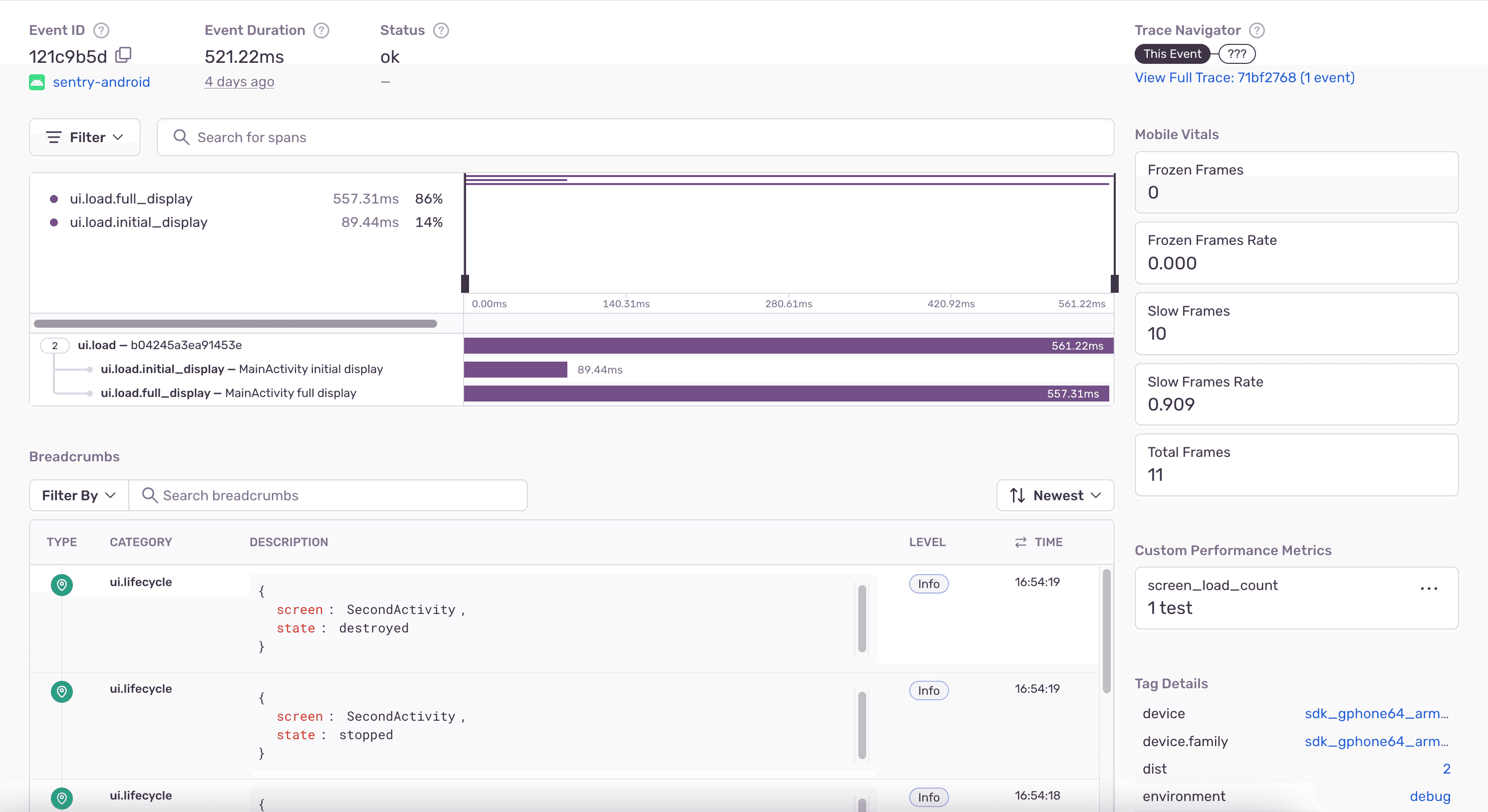 The event detail of a transaction with time to initial display and time to full display spans.